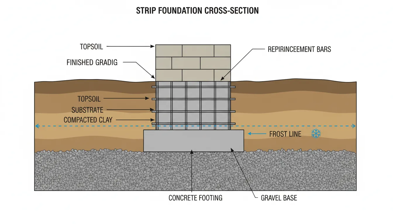 Схема морозного пучения грунта — показана глинистая почва, стрелки давления снизу вверх, фундамент с трещинами