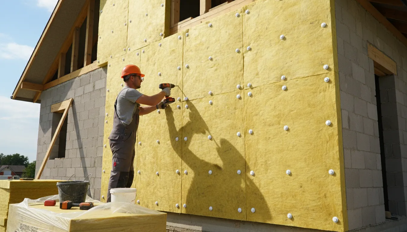 Рабочий монтирует плиты базальтовой ваты на фасад дома — видна обрешётка и жёлтые плиты утеплителя